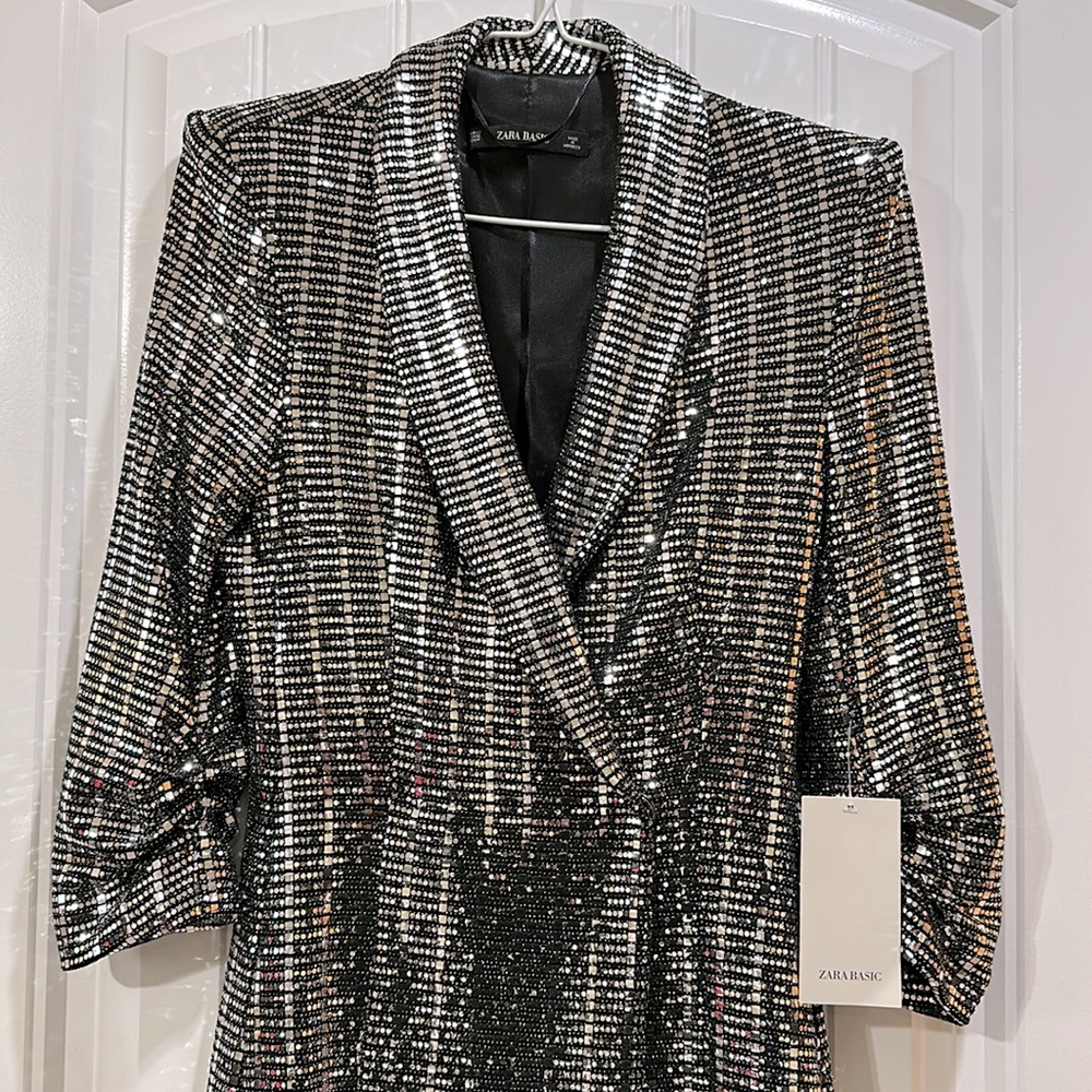 Zara metallic silver mirror sequin wrap blazer dress - Picture 2 of 4
